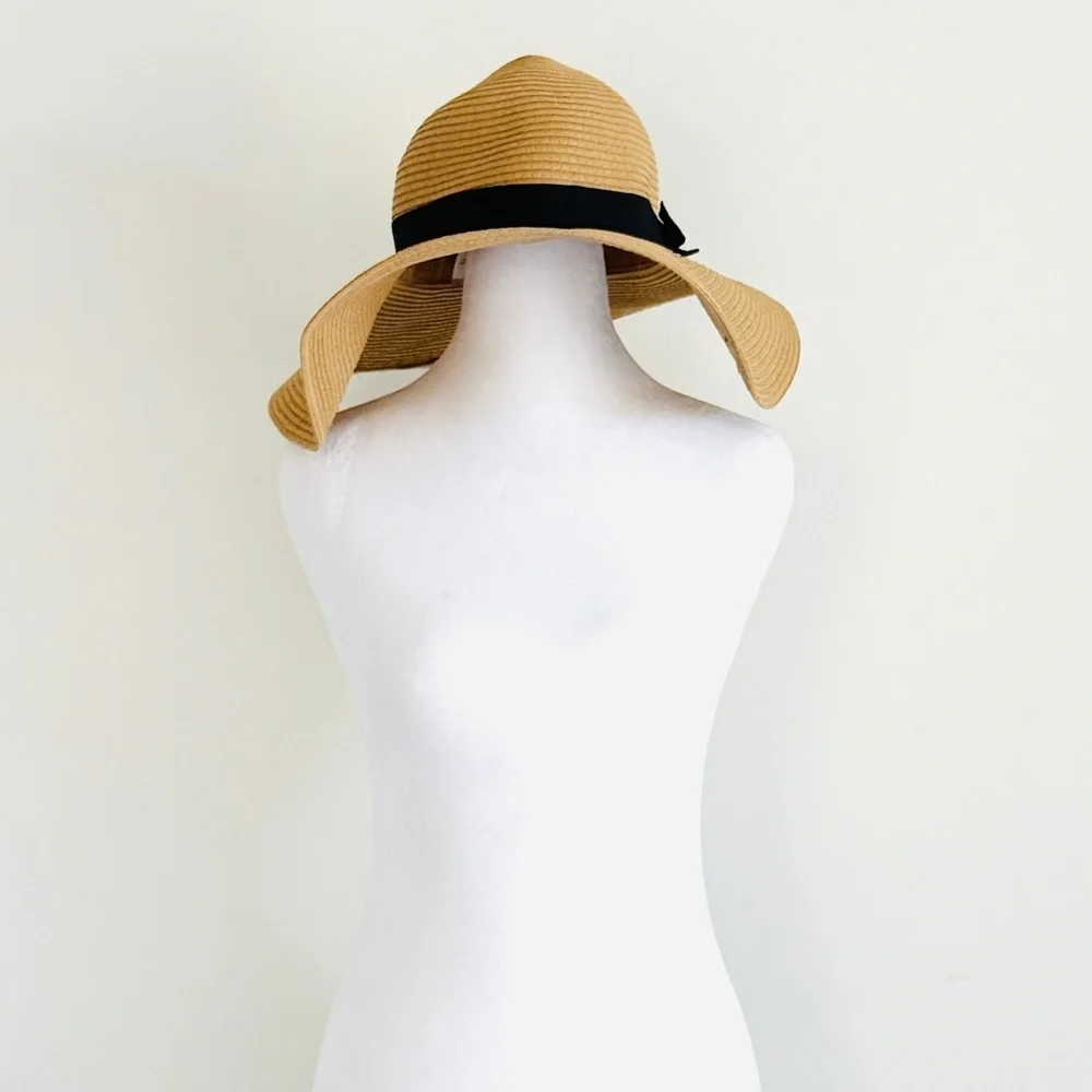Women’s Wide Brim Hat. Tan with Black Grosgrain Ribbon. Packable. One Size.